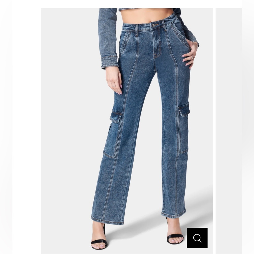 Natural Waist Wide Leg Cargo Denim Jeans